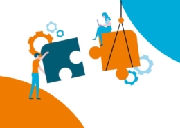 Wie KI und Organisation zueinanderfinden. 2 Puzzleteile mit Menschen in der Organisation werden verbunden.