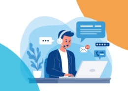Wie KI das Services Management transformiert. Bild eines Service-Mitarbeitenden mit Headset am Laptop zwischen Mail, Telefon und Chat.