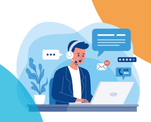 Wie KI das Services Management transformiert. Bild eines Service-Mitarbeitenden mit Headset am Laptop zwischen Mail, Telefon und Chat.