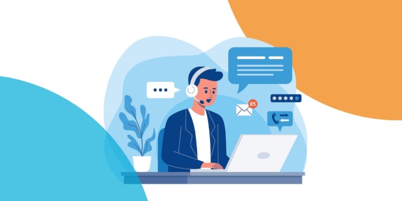 Wie KI das Services Management transformiert. Bild eines Service-Mitarbeitenden mit Headset am Laptop zwischen Mail, Telefon und Chat.