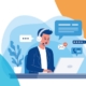 Wie KI das Services Management transformiert. Bild eines Service-Mitarbeitenden mit Headset am Laptop zwischen Mail, Telefon und Chat.